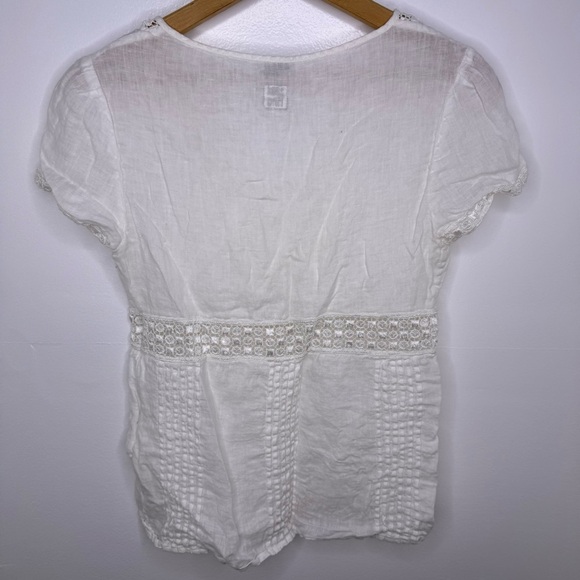 120% LINO White Linen Eyelet Cap Sleeve Top - Picture 5 of 8